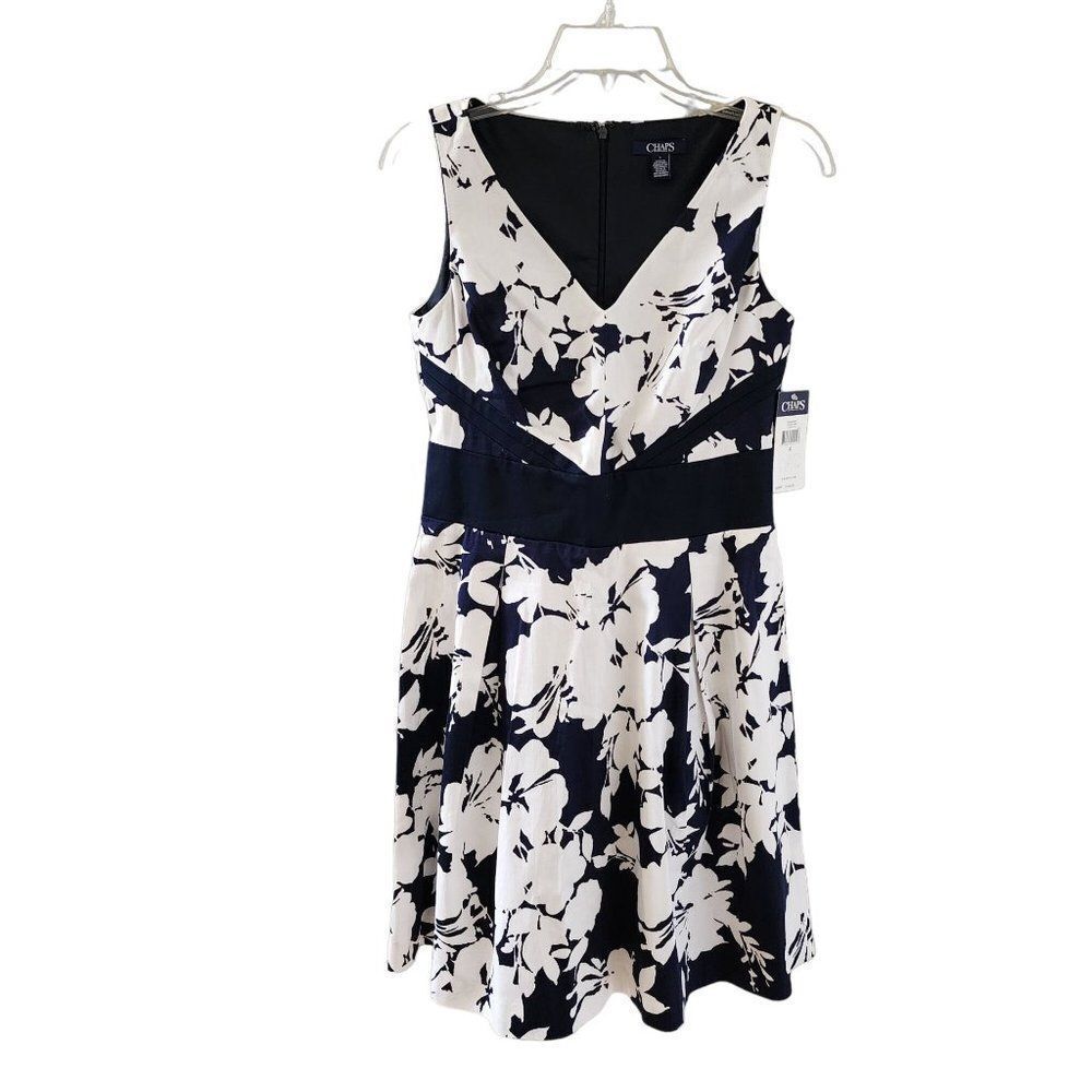 Chaps Floral Navy and White V Neck Dress